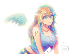 Size: 740x549 | Tagged: safe, artist:songoftheshoebox, rainbow dash, breasts, female, humanized, rainboob dash, solo, winged humanization