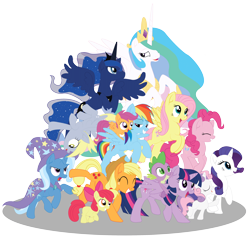 Size: 3000x3000 | Tagged: safe, artist:dr-whiskey, derpibooru import, apple bloom, applejack, derpy hooves, fluttershy, pinkie pie, princess celestia, princess luna, rainbow dash, rarity, scootaloo, spike, sweetie belle, trixie, twilight sparkle, twilight sparkle (alicorn), alicorn, dragon, earth pony, pegasus, pony, unicorn, cutie mark crusaders, female, mane seven, mane six, mare, simple background, transparent background, vector