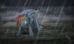 Size: 2317x1376 | Tagged: safe, artist:kocurzyca, rainbow dash, pegasus, pony, crying, eyes closed, female, mare, rain, solo