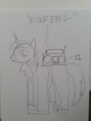 Size: 1024x1365 | Tagged: safe, artist:andypriceart, shining armor, pony, unicorn, boombox, boombox serenade, clothes, in your eyes, male, movie reference, peter gabriel, say anything, serenade, solo, song reference, stallion, traditional art, trenchcoat, unshorn fetlocks