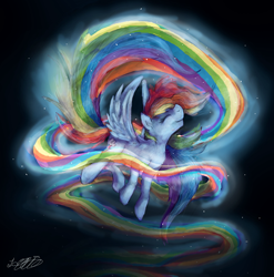 Size: 790x800 | Tagged: safe, artist:malicieuxx, rainbow dash, pegasus, pony, glow, long mane, rainbow, surreal