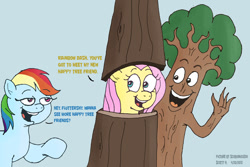 Size: 680x454 | Tagged: safe, artist:scobionicle99, fluttershy, rainbow dash, pegasus, pony, dialogue, fluttertree, literal happy tree friends, simple background, tree, tree costume