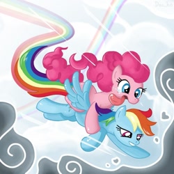 Size: 600x600 | Tagged: safe, artist:don-ko, pinkie pie, rainbow dash, earth pony, pegasus, pony, fanfic:the party hasn't ended, fanfic, fanfic art, female, flying, lesbian, mare, pinkiedash, ponies riding ponies, rainbow trail, shipping