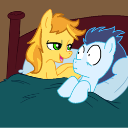 Size: 500x500 | Tagged: safe, artist:jcking101, artist:madmax, edit, braeburn, soarin', pony, bed, gay, implied sex, male, pillow, shipping, soarburn, surprised, wide eyes