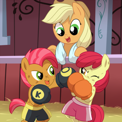 Size: 1200x1200 | Tagged: safe, artist:madmax, apple bloom, applejack, babs seed, earth pony, pony, barn, bipedal, boxer, boxing, boxing gloves, sweet apple acres, towel