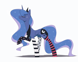 Size: 1280x1024 | Tagged: safe, artist:30clock, princess luna, alicorn, pony, clothes, eyes closed, female, mare, raised hoof, simple background, smiling, socks, solo, striped socks, thigh highs, white background