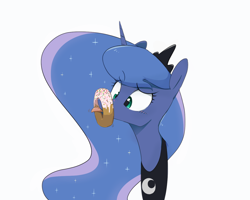 Size: 1280x1024 | Tagged: safe, artist:30clock, princess luna, alicorn, pony, :p, blushing, cross-eyed, cute, donut, donutsnootle, dork, horse problems, licking, lunabetes, portrait, raised eyebrow, silly, silly pony, simple background, solo, stuck, tongue out, white background, wide eyes