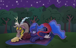 Size: 4470x2810 | Tagged: safe, artist:elementalokami, discord, princess luna, alicorn, pony, blanket, blushing, female, forest, lunacord, male, night, shipping, snuggling, stars, straight