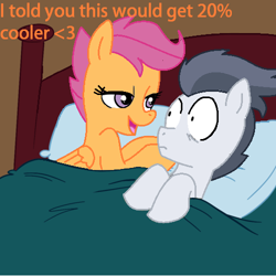 Size: 499x500 | Tagged: safe, artist:jcking101, artist:madmax, edit, rumble, scootaloo, pony, aftersex ponies, female, implied sex, male, morning after, older, pillow, recolor, rumbloo, shipping, straight, surprised, text, wide eyes