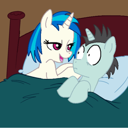 Size: 500x500 | Tagged: safe, artist:jcking101, artist:madmax, edit, dj pon-3, neon lights, rising star, vinyl scratch, pony, aftersex ponies, bed, female, implied sex, male, morning after, pillow, straight, surprised, vinylights, wide eyes