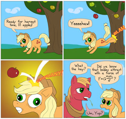 Size: 850x804 | Tagged: safe, artist:fadri, applejack, big macintosh, earth pony, pony, comic:and that's how equestria was made, apple, comic, fancy mathematics, gravity, isaac newton, male, math, sir isaac newton, stallion