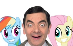 Size: 550x346 | Tagged: safe, fluttershy, rainbow dash, human, may the best pet win, faic, irl, looking at you, mr bean, photo