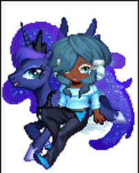 Size: 610x755 | Tagged: safe, artist:theanimefanz, derpibooru exclusive, princess luna, alicorn, human, pony, clothes, dark skin, gaia online, gamer luna, headset, humanized, pants, pose, shirt, shoes, simple background, sitting, white background