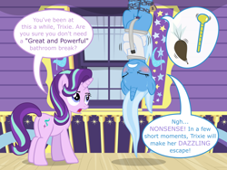 Size: 8000x6000 | Tagged: safe, alternate version, artist:ithinkitsdivine, derpibooru import, starlight glimmer, trixie, pony, unicorn, absurd resolution, bladder gauge, blushing, bondage, chains, desperation, dialogue, duo, duo female, eyes closed, female, fetish, gritted teeth, hanging, hanging upside down, icing bag, imminent scat, imminent watersports, need to pee, need to poop, omorashi, plot, potty emergency, potty time, show accurate, straitjacket, suspended, sweat, this will end in tears, tied up, trixie's wagon, upside down