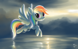 Size: 1920x1223 | Tagged: safe, artist:rom-art, rainbow dash, pegasus, pony, flying, reflection, smiling, solo