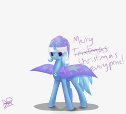 Size: 1191x1087 | Tagged: safe, artist:night-draft, derpibooru import, trixie, pony, unicorn, cape, christmas, clothes, female, hat, mare, santa hat, smiling, solo, trixtmas