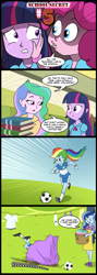 Size: 713x2000 | Tagged: safe, artist:madmax, pinkie pie, princess celestia, princess luna, principal celestia, rainbow dash, twilight sparkle, vice principal luna, equestria girls, apron, ball, book, clothes, clothes line, comic, crash, cutie mark, cutie mark on clothes, field, football, laundry, luna is not amused, ninja, outdoors, pants, secrets of the school, sheet, shirt, socks, unamused