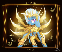 Size: 3840x3232 | Tagged: safe, artist:zidanemina, derpibooru import, trixie, pony, armor, cancer (horoscope), female, mare, saint seiya, smiling, solo, zodiac