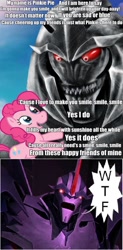 Size: 742x1512 | Tagged: safe, pinkie pie, earth pony, pony, hot nuts, megatron, smile song, starscream, transformers, transformers prime