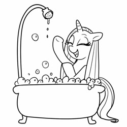 Size: 1000x1000 | Tagged: safe, artist:madmax, rarity, pony, unicorn, bath, bathtub, eyes closed, lineart, monochrome, solo, wet, wet mane, wet mane rarity