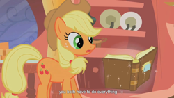 Size: 900x506 | Tagged: dead source, safe, screencap, applejack, earth pony, pony, look before you sleep, applesack, book, shipper on deck, solo, youtube caption