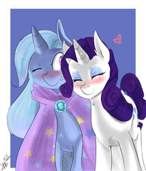 Size: 1200x1400 | Tagged: safe, artist:mrscurlystyles, derpibooru import, rarity, trixie, pony, unicorn, blushing, female, heart, lesbian, mare, nuzzling, rarixie, shipping