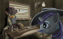 Size: 1024x633 | Tagged: safe, artist:morevespenegas, applejack, rarity, earth pony, pony, unicorn, alcohol, cigar, gun, noir, revolver, smoking