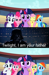 Size: 1262x1932 | Tagged: safe, derpibooru import, fluttershy, pinkie pie, rainbow dash, rarity, twilight sparkle, earth pony, human, pegasus, pony, unicorn, darth vader, life support, s03:spoiler, sith, star wars