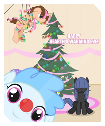 Size: 7209x8642 | Tagged: safe, artist:estories, derpibooru import, trixie, oc, oc:curly mane, oc:neigh sayer, oc:think pink, pony, unicorn, absurd resolution, christmas, christmas tree, female, hearth's warming eve, mare, neink, tied up, tree