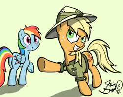 Size: 950x750 | Tagged: safe, artist:flavinbagel, applejack, rainbow dash, earth pony, pegasus, pony, appledash, blushing, clothes, cosplay, daring do costume, female, freckles, hat, lesbian, loose hair, mare, shipping, signature, simple background