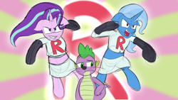 Size: 1280x720 | Tagged: safe, artist:ask-the-unnamed-pony, derpibooru import, spike, starlight glimmer, trixie, dragon, pony, unicorn, cat nose, clothes, costume, crossover, inktober, midriff, pokémon, skirt, sunburst background, team rocket