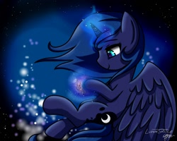 Size: 1500x1200 | Tagged: safe, artist:lunarsolstice123, princess luna, alicorn, pony, canterlot, flying, night, solo