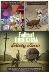 Size: 1348x2000 | Tagged: safe, artist:madmax, derpy hooves, ditzy doo, rarity, sweetie bot, cockroach, ghoul, insect, pegasus, pony, radroach, robot, unicorn, fallout equestria, fallout equestria:shining hearts, brain, brain in a jar, clothes, comic, dress, fabric, fallout, female, giant insect, mare, old world blues, power line, road, satellite dish, sepia, wasteland