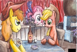 Size: 1337x894 | Tagged: safe, artist:smellslikebeer, applejack, braeburn, pinkie pie, spike, dragon, earth pony, pony, card, clothes, dress, hoof hold, ink, playing card, saloon dress, saloon pinkie, traditional art