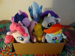 Size: 1229x922 | Tagged: safe, artist:ultrathehedgetoaster, derpibooru import, fluttershy, pinkie pie, rainbow dash, rarity, trixie, twilight sparkle, earth pony, pegasus, pony, unicorn, 4de, box, cardboard box, cute, plushie, ponies in a box, pony in a box