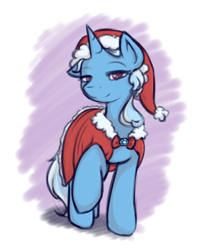 Size: 1680x2100 | Tagged: safe, artist:theparagon, derpibooru import, trixie, pony, unicorn, cape, clothes, female, hat, looking at you, mare, raised hoof, santa hat, smiling, solo