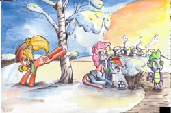 Size: 1346x891 | Tagged: safe, artist:smellslikebeer, applejack, pinkie pie, rainbow dash, spike, dragon, earth pony, pegasus, pony, ambush, prank, snow, traditional art, winter