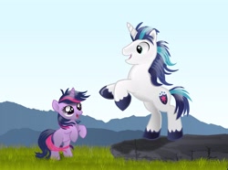 Size: 3446x2564 | Tagged: safe, artist:monsterswonderland, shining armor, twilight sparkle, pony, unicorn, brother and sister, cute, female, filly, grass, happy, horses doing horse things, male, open mouth, rearing, siblings, smiling, sparkles, starry eyes, windswept mane, wingding eyes