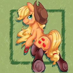 Size: 800x800 | Tagged: safe, artist:ozu, applejack, earth pony, pony, clothes, socks, solo, thigh highs, underhoof