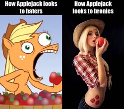 Size: 680x601 | Tagged: safe, applejack, human, apple.mov, cosplay, haters, irl, irl human, jappleack, photo