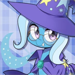 Size: 422x424 | Tagged: safe, artist:caibaoreturn, derpibooru import, trixie, pony, unicorn, abstract background, cape, clothes, cropped, cute, diatrixes, female, glasses, hat, mare, solo, trixie's cape, trixie's hat