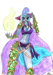 Size: 636x900 | Tagged: safe, artist:nachtana, derpibooru import, trixie, anthro, cape, clothes, crossover, glowing hands, hordes, mage, ponified, traditional art, warmahordes