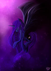 Size: 1700x2338 | Tagged: safe, artist:pedrohander, princess luna, alicorn, pony, floating, missing accessory, solo, universe, wings