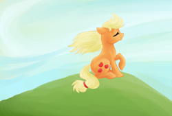 Size: 900x607 | Tagged: safe, artist:bux, applejack, earth pony, pony, eyes closed, female, hill, mare, raised hoof, sitting, solo, windswept mane