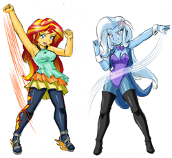 Size: 1504x1384 | Tagged: safe, artist:danmakuman, derpibooru import, edit, sunset shimmer, trixie, equestria girls, armpits, boots, breasts, cleavage, clothes, costume, duo, female, fishnet stockings, leotard, lesbian, magician outfit, pantyhose, shipping, shoes, simple background, sunset jiggler, suntrix, thigh boots, underass, white background