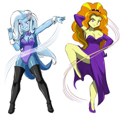 Size: 1453x1360 | Tagged: safe, artist:danmakuman, derpibooru import, edit, adagio dazzle, trixie, equestria girls, rainbow rocks, adagiazonga dazzle, armpits, boots, breasts, cleavage, clothes, costume, dress, evening gloves, female, fishnet stockings, gloves, high heels, leotard, long gloves, looking at you, magician outfit, pantyhose, shoes, side slit, simple background, thigh boots, underass, white background