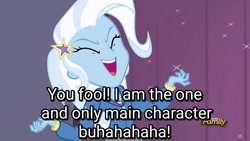 Size: 1280x720 | Tagged: safe, derpibooru import, edit, edited screencap, screencap, trixie, equestria girls, discovery family logo, evil laugh, eyes closed, laughing, mouthpiece, open mouth, sinister, solo, stage, talking to viewer, text, text edit