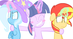 Size: 922x497 | Tagged: safe, artist:contny, derpibooru import, sunset shimmer, trixie, twilight sparkle, twilight sparkle (alicorn), alicorn, pony, unicorn, counterparts, female, magical trio, mare, twilight's counterparts