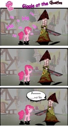 Size: 750x1383 | Tagged: safe, pinkie pie, earth pony, pony, comic, crossover, konami, laughter song, pyramid head, silent hill