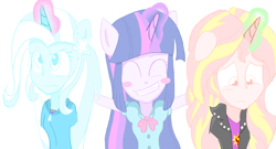 Size: 922x497 | Tagged: safe, artist:contny, derpibooru import, sunset shimmer, trixie, twilight sparkle, twilight sparkle (alicorn), alicorn, human, counterparts, horned humanization, humanized, magical trio, twilight's counterparts